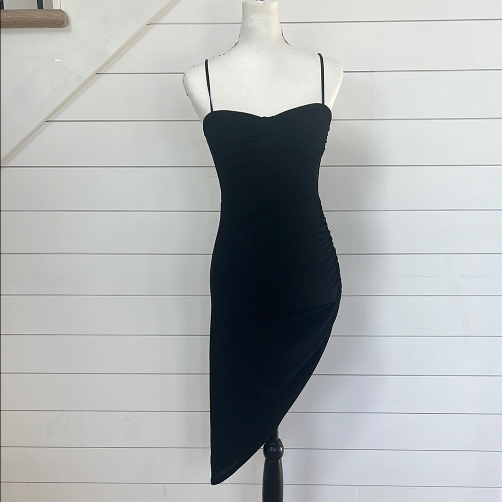 Leyva's Black Sparkle Bodycon Mini Dress Asymmetrical Ruched Sweetheart S